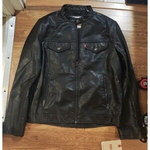 NWT Levi's Black Faux Leather Racing Trucker Full Zip Jacket Men's Medium